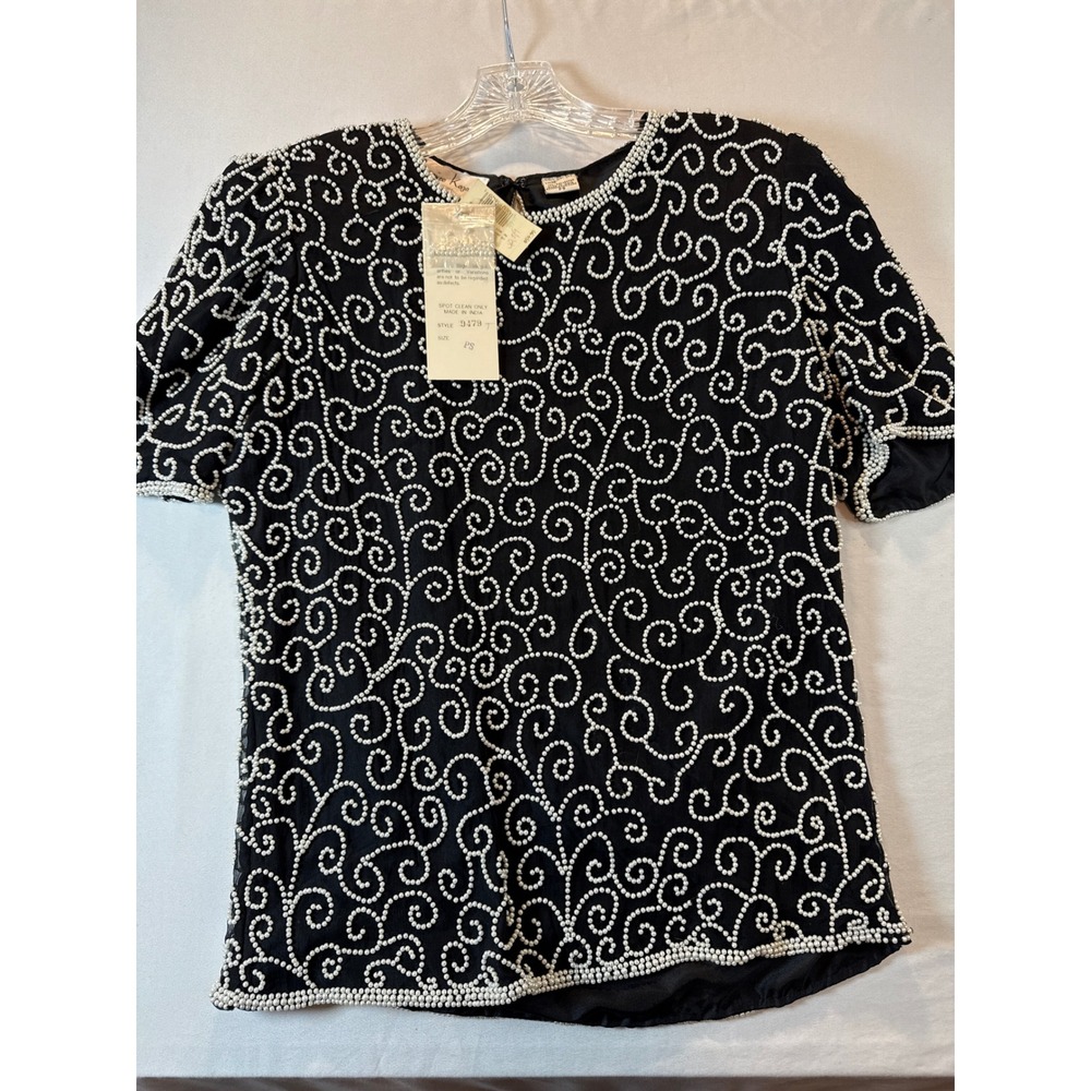 Laurence Kazar Vintage Silk Beaded Pearl‎ Evening Top Black White PS 9479